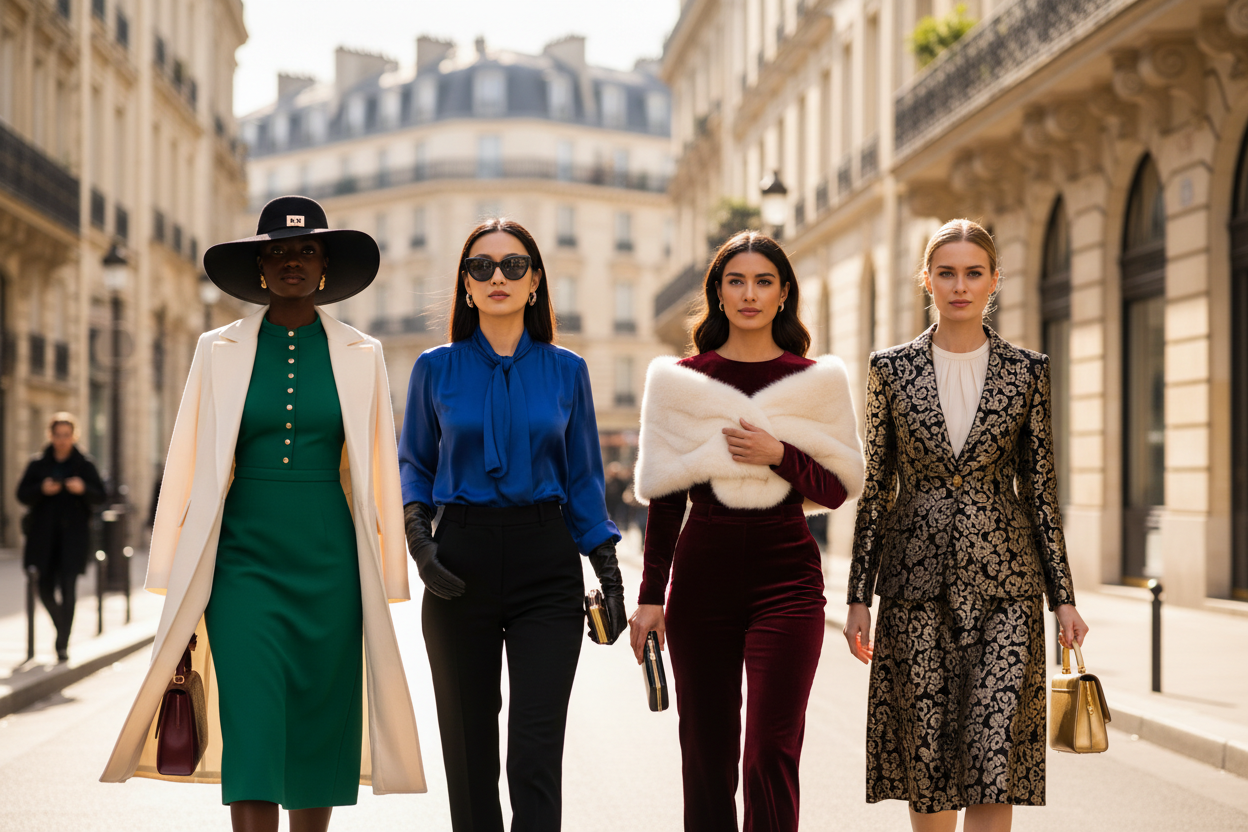 Editorial-style womenswear outfits including a green dress, tailored coat, velvet set and brocade suit, worn by confident models walking together.